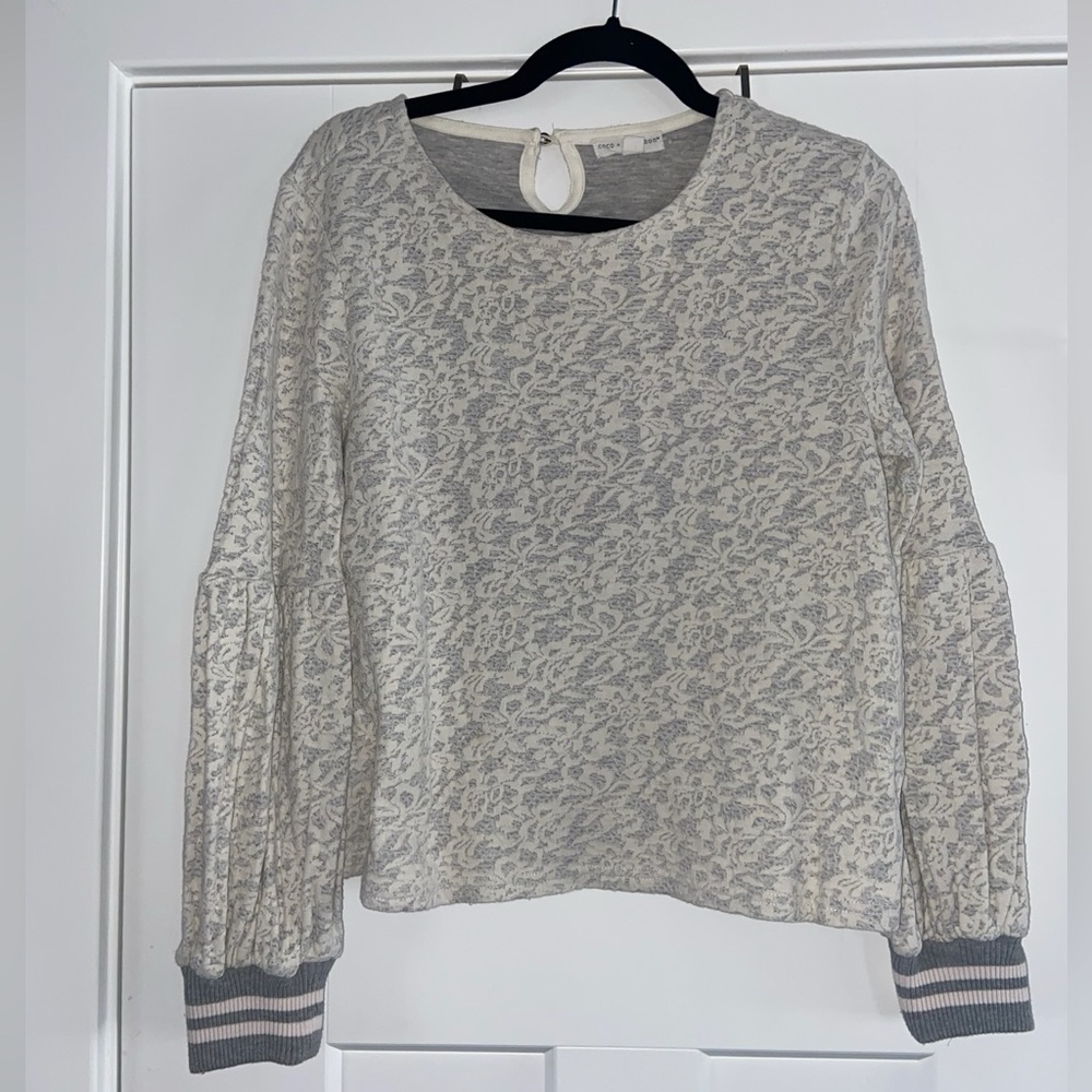 Gray and White Lace Long Sleeve Top